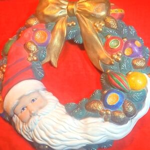 VINTAGE kURT ADLERS PLASTER - CHALK WREATH ORNAMENTS SANTA GLITTER GOLD BOW 15"